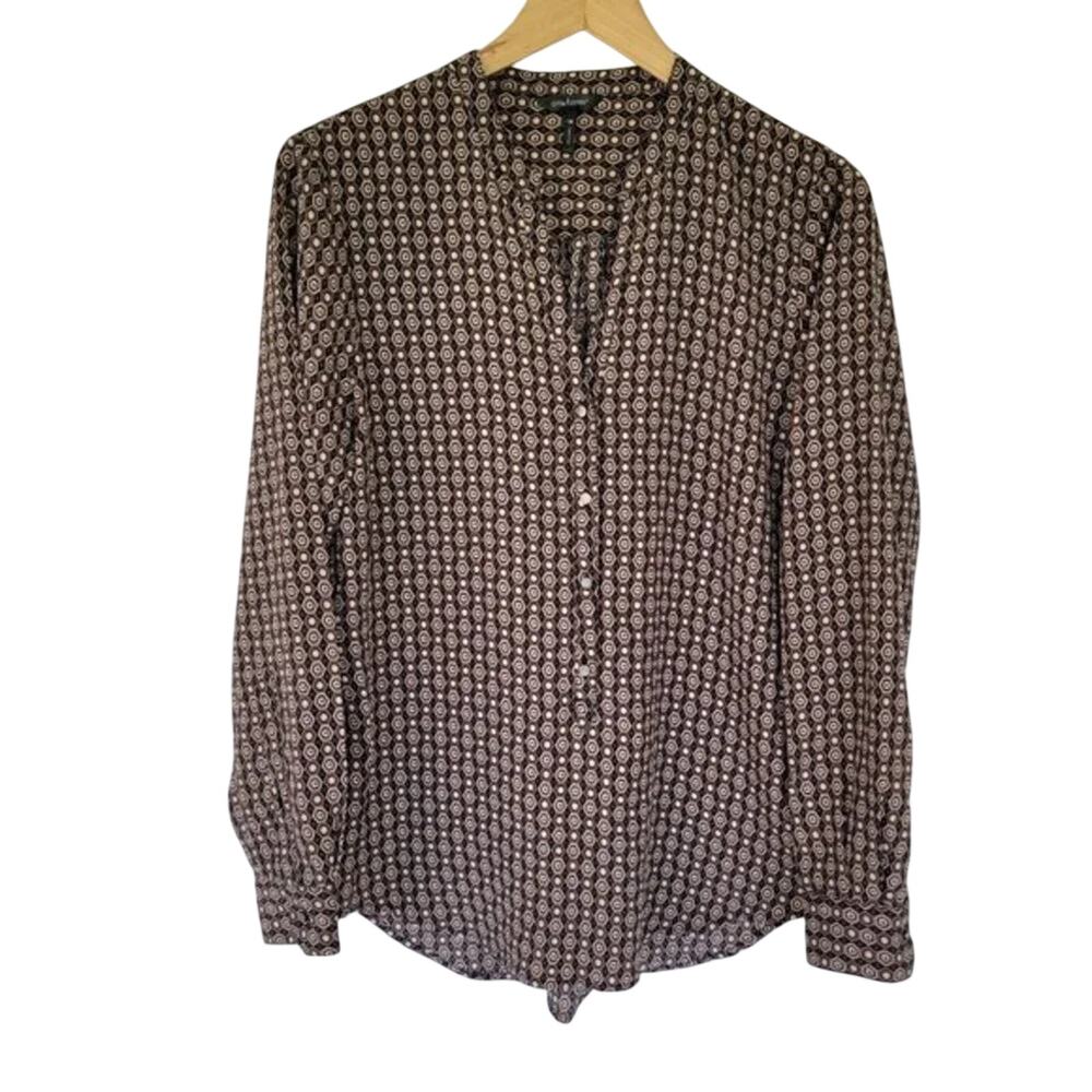 Daisy Fuentes Long Sleeve Button Down Blouse Womens Size M Black Geometric